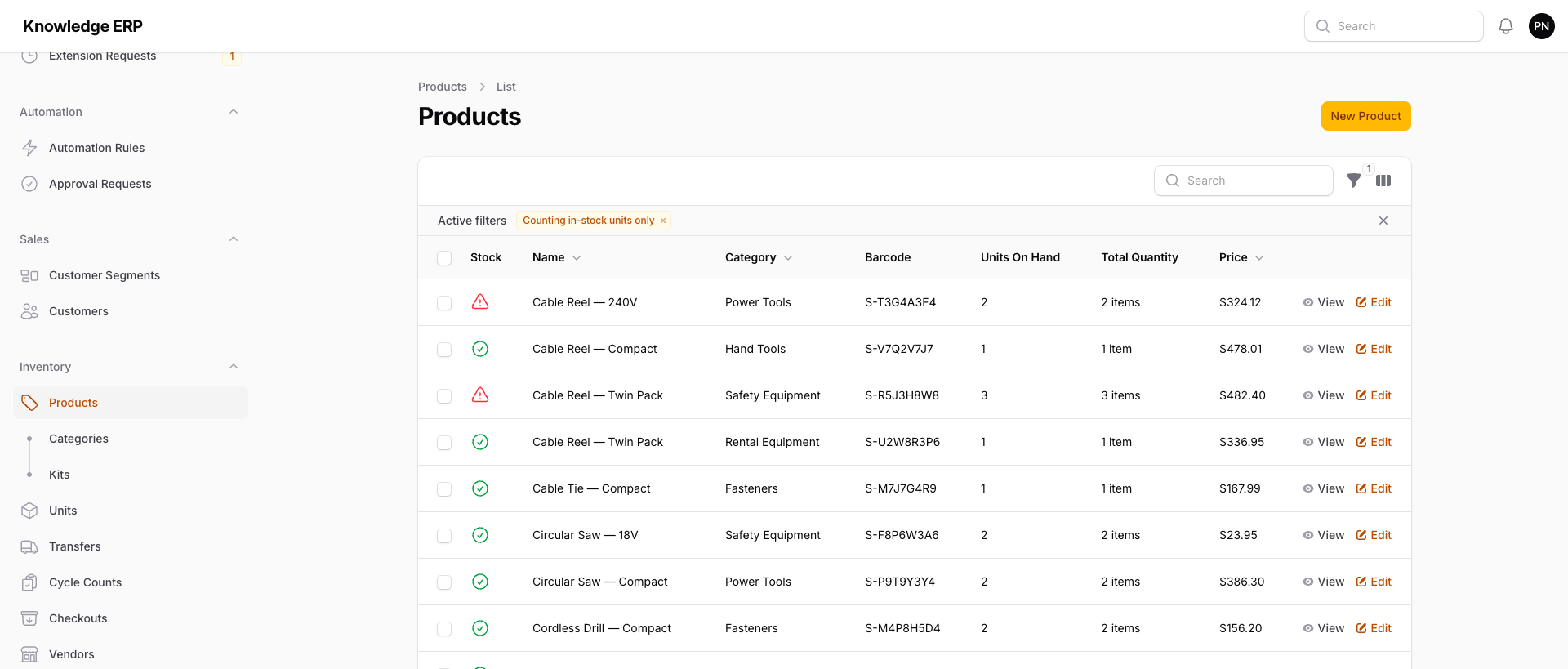 Products list in Knowledge ERP showing stock status, categories, barcodes and prices