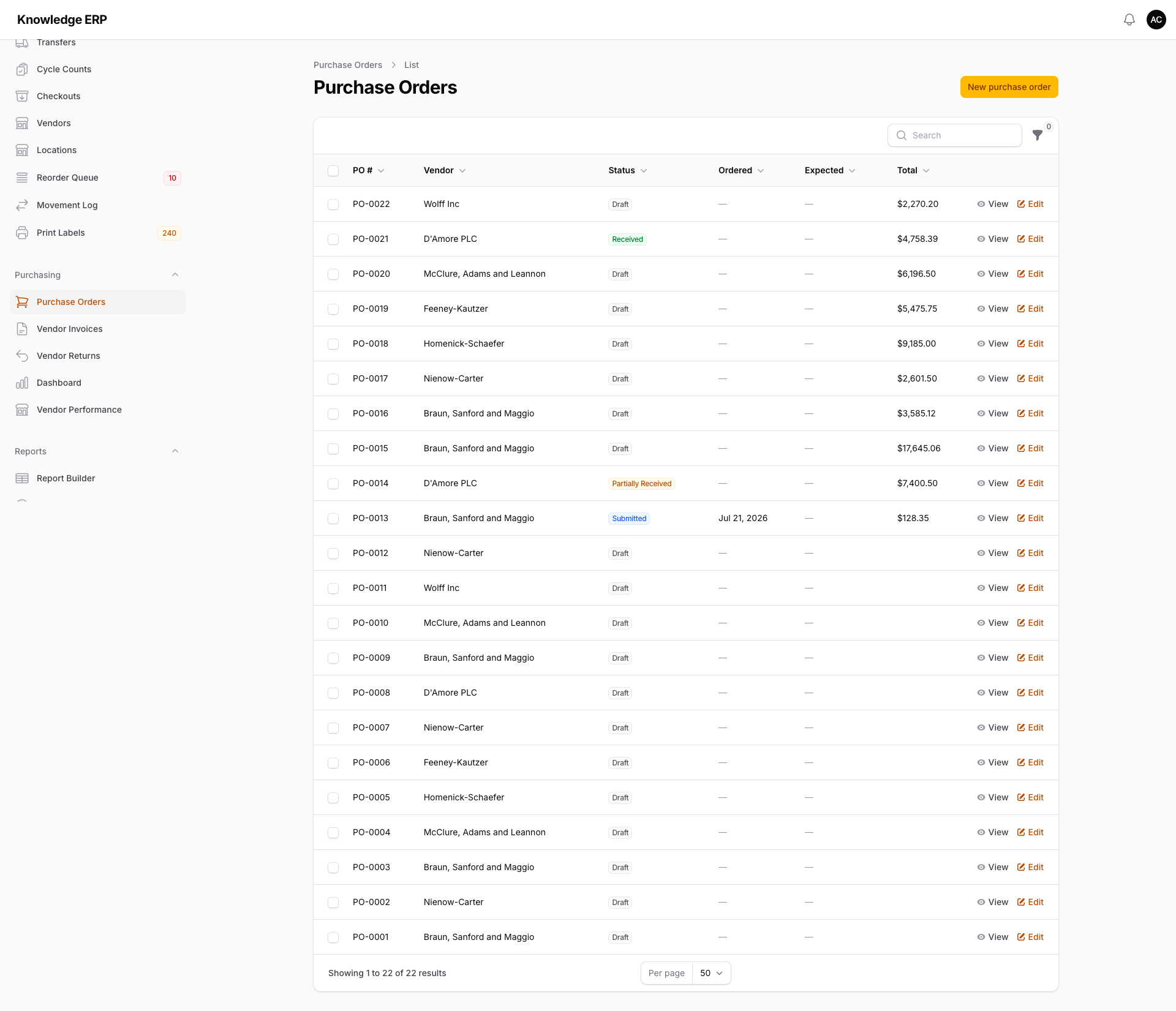 Purchase orders list in Knowledge ERP with draft, submitted and received statuses