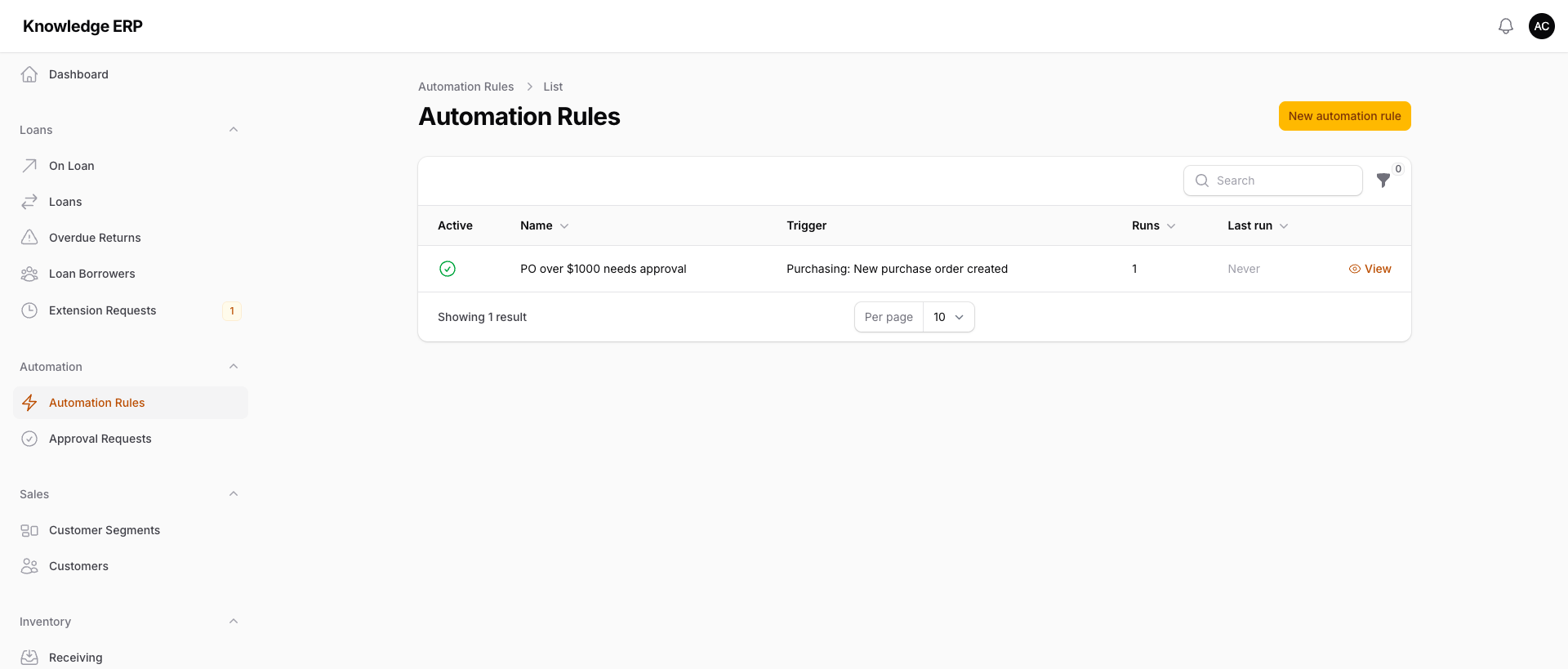 Automation rules screen in Knowledge ERP with a purchase order approval rule